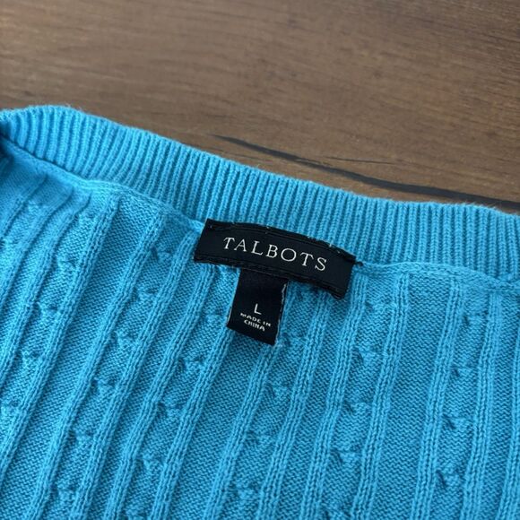 Talbots Cable Knit Cardigan Sweater Womens Large Teal Button Academia Preppy - Picture 3 of 7